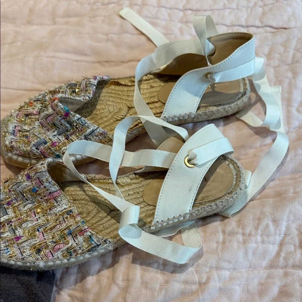 LK Bennett Multicolor Gold Sparkle Woven Espadrille Flats Ribbon Tie 38 8